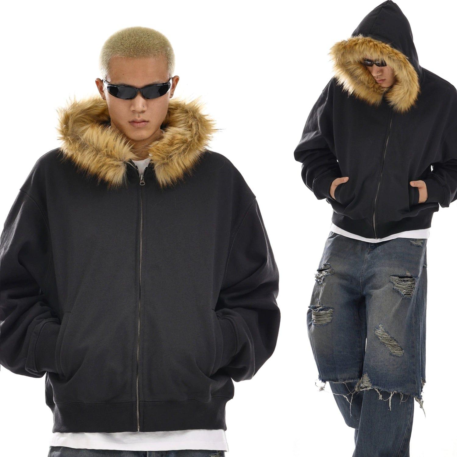 RT No. 12054 CARBON BLACK FUR ZIP-UP HOODIE Product Image