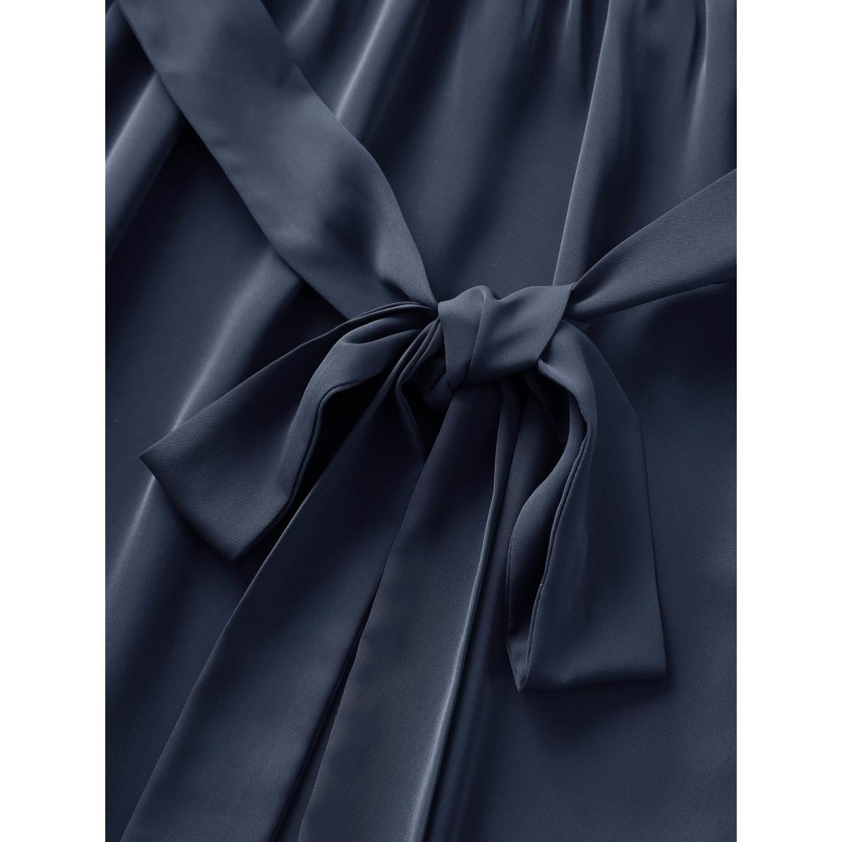 Plus Size Plain Lace Patchwork Belted Cuffed Sleeve Dress DarkBlue Women At the Office Non Shirt collar Short sleeve Curvy Midi Dress BloomChic 28/5X Product Image