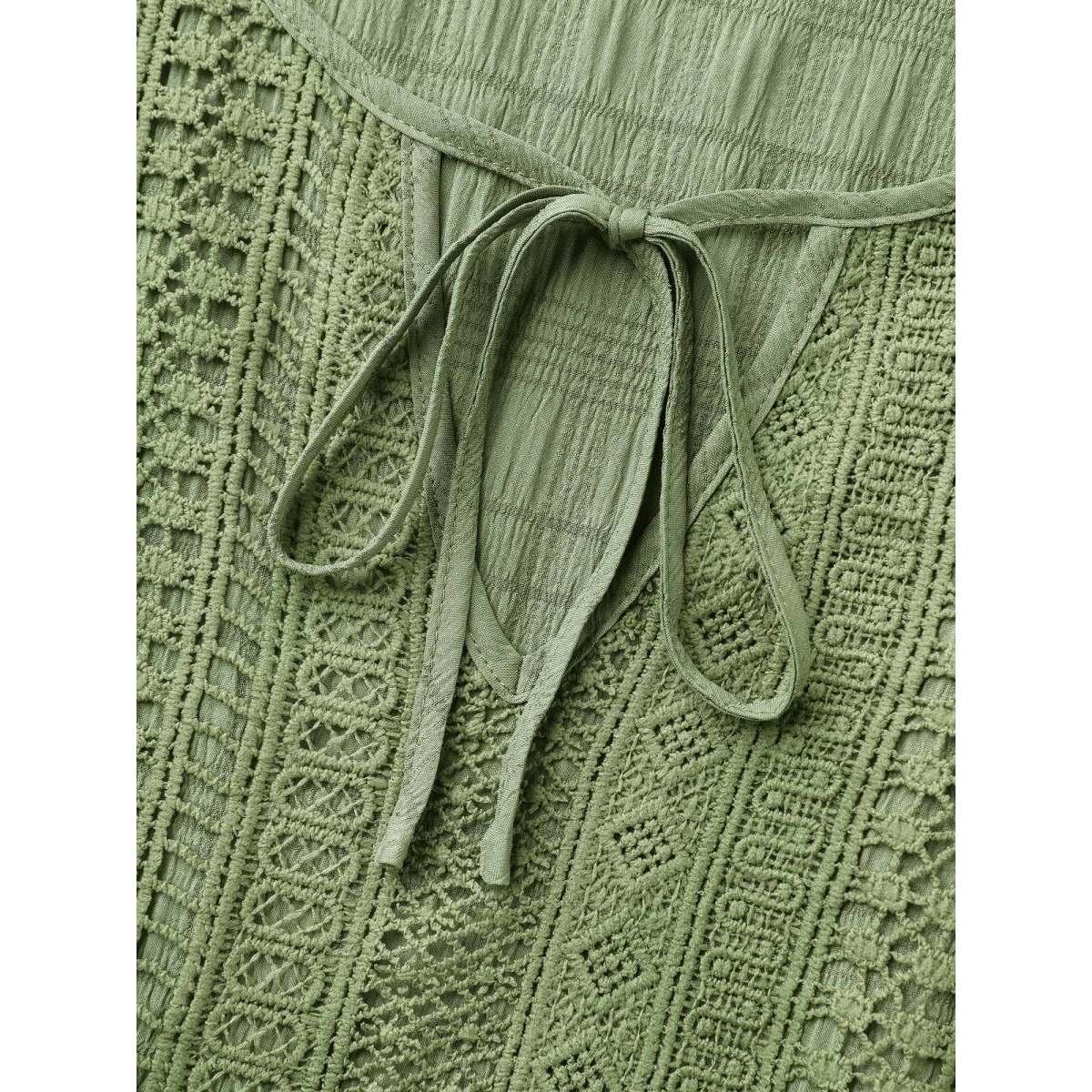 Plus Size Lace Neck-Tie Pockets Tiered Midi Dress Greenbean Women Resort Woven ribbon&lace trim Round Neck Short sleeve Curvy BloomChic 14-16/1X Product Image