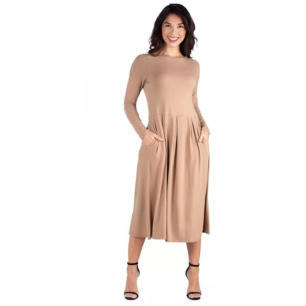 Women's 24Seven Comfort Apparel Long Sleeve Fit & Flare Dress with Pockets, Size: Medium, Beige Khaki Product Image