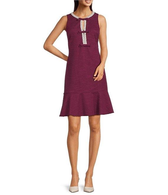 KARL LAGERFELD PARIS Knit Tweed Flounce Hem Pearl Trim A-Line Dress Product Image