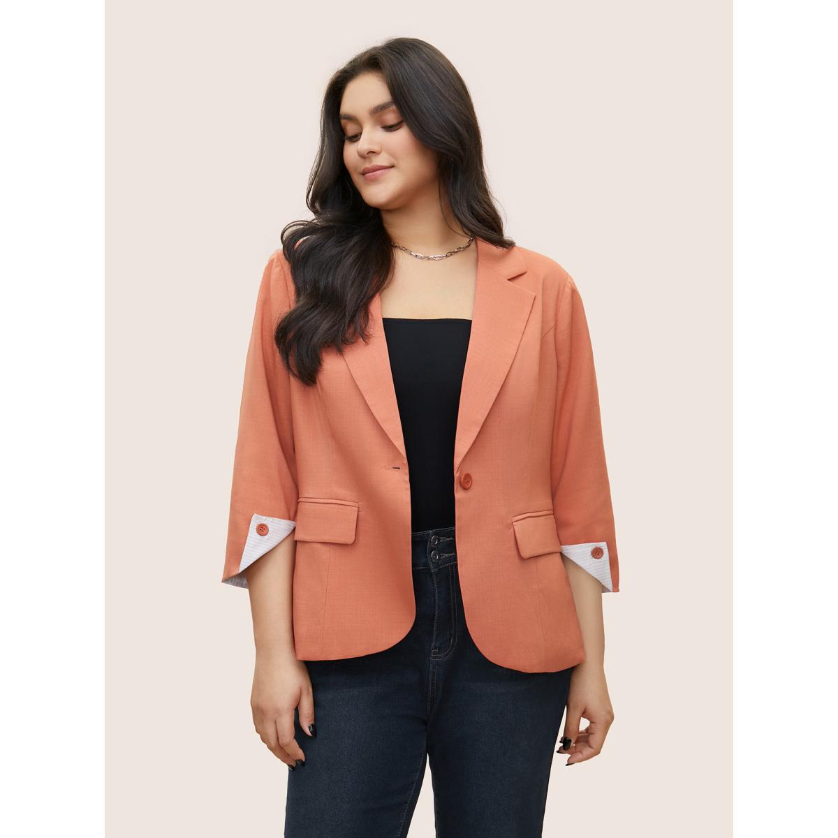 Plus Size Suit Collar Plain Striped Lined Blazer OrangeRed Women Work Plain Non Sleeve Elbow-length sleeve Suit Collar 14-16/1X Open pocket with flap At the Office Blazers BloomChic Product Image