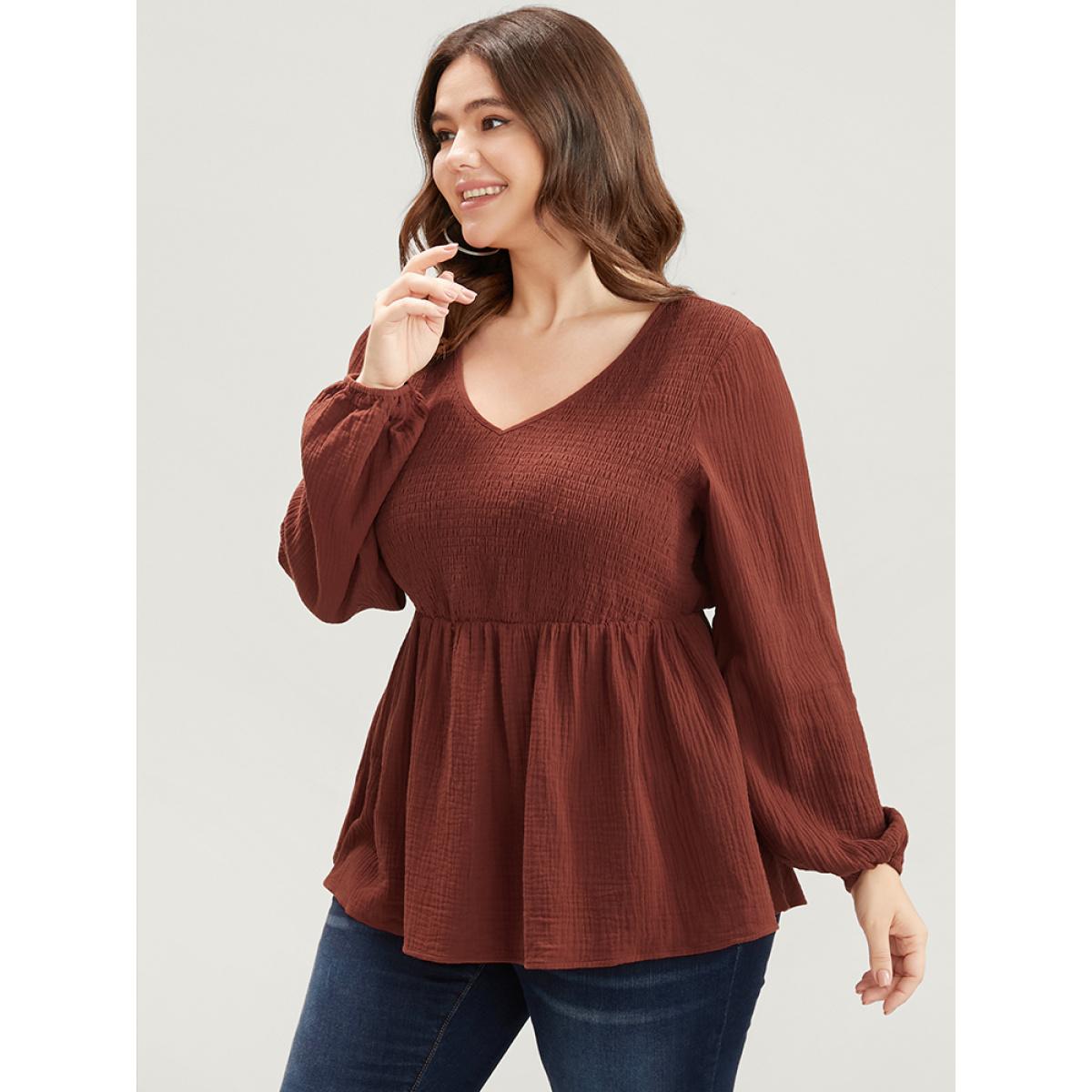Plus Size Scarlet Solid V Neck Lantern Sleeve Shirred Ruffle Hem Blouse Women Elegant Long Sleeve V-neck Dailywear Blouses BloomChic 12/L Product Image