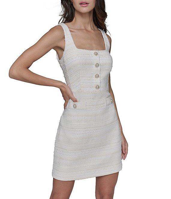 KARL LAGERFELD PARIS Square Neck Pearl Button Trim Tweed Sheath Dress Product Image