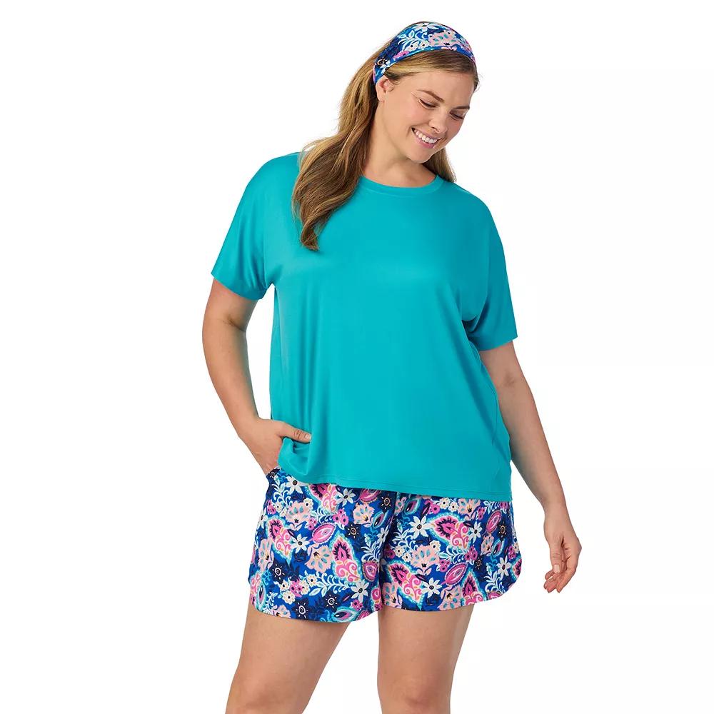 Plus Size Cuddl Duds® Short Sleeve Pajama Top & Pajama Shorts Set with Matching Headband, Women's, Size: 1XL, Blue Ethnic Floral Product Image