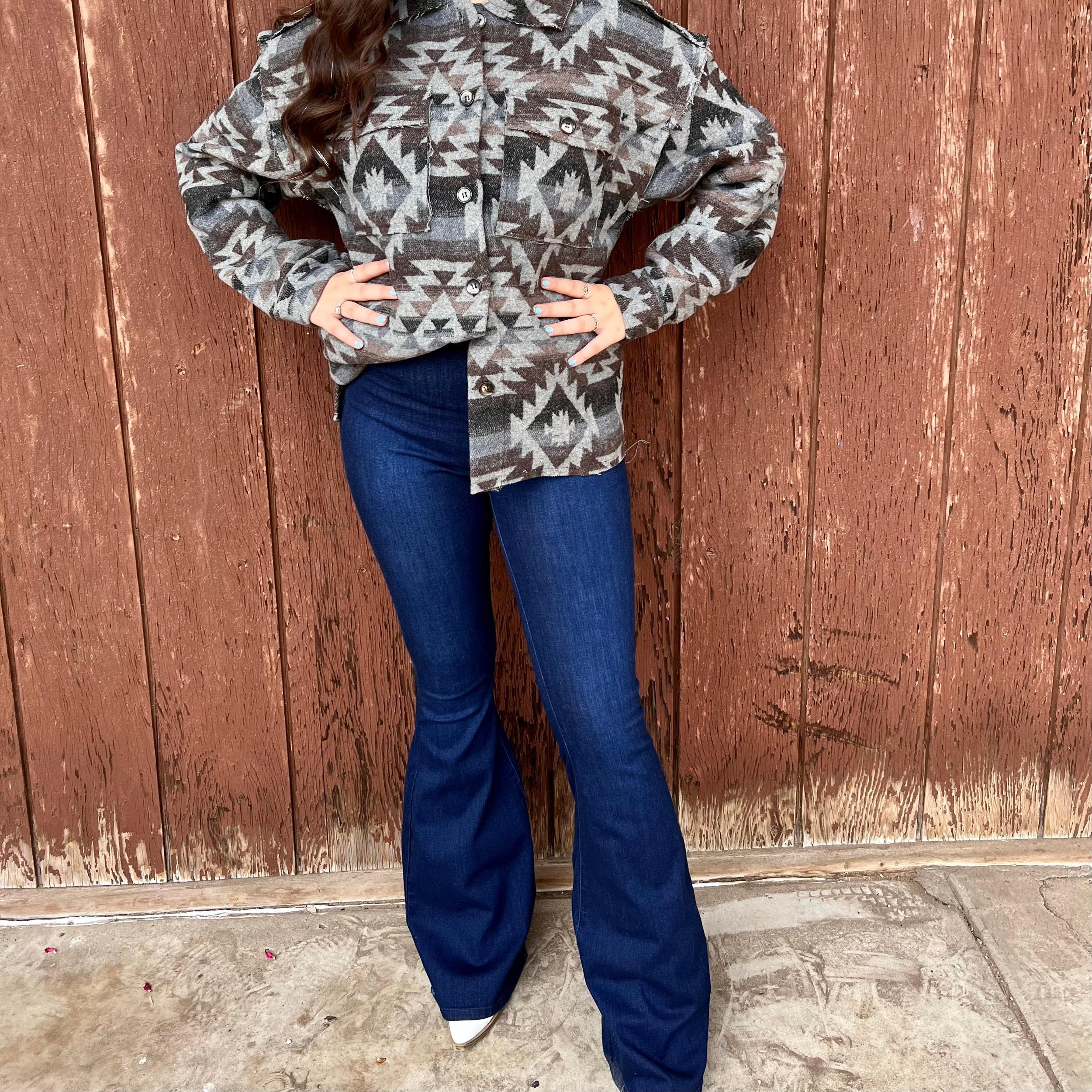 Dark Wash High Rise Stretch Denim Bell Bottoms Product Image