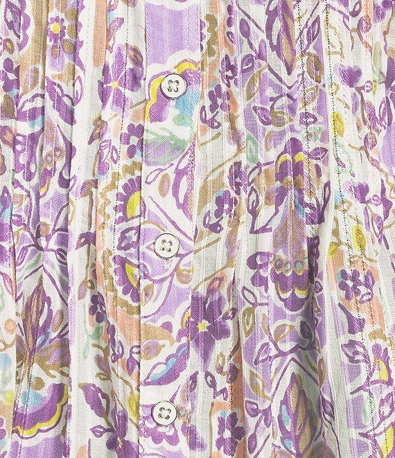 Allison Daley Lavender Garden Print 3/4 Bell Sleeve Button Front Y-Neck Blouse Product Image