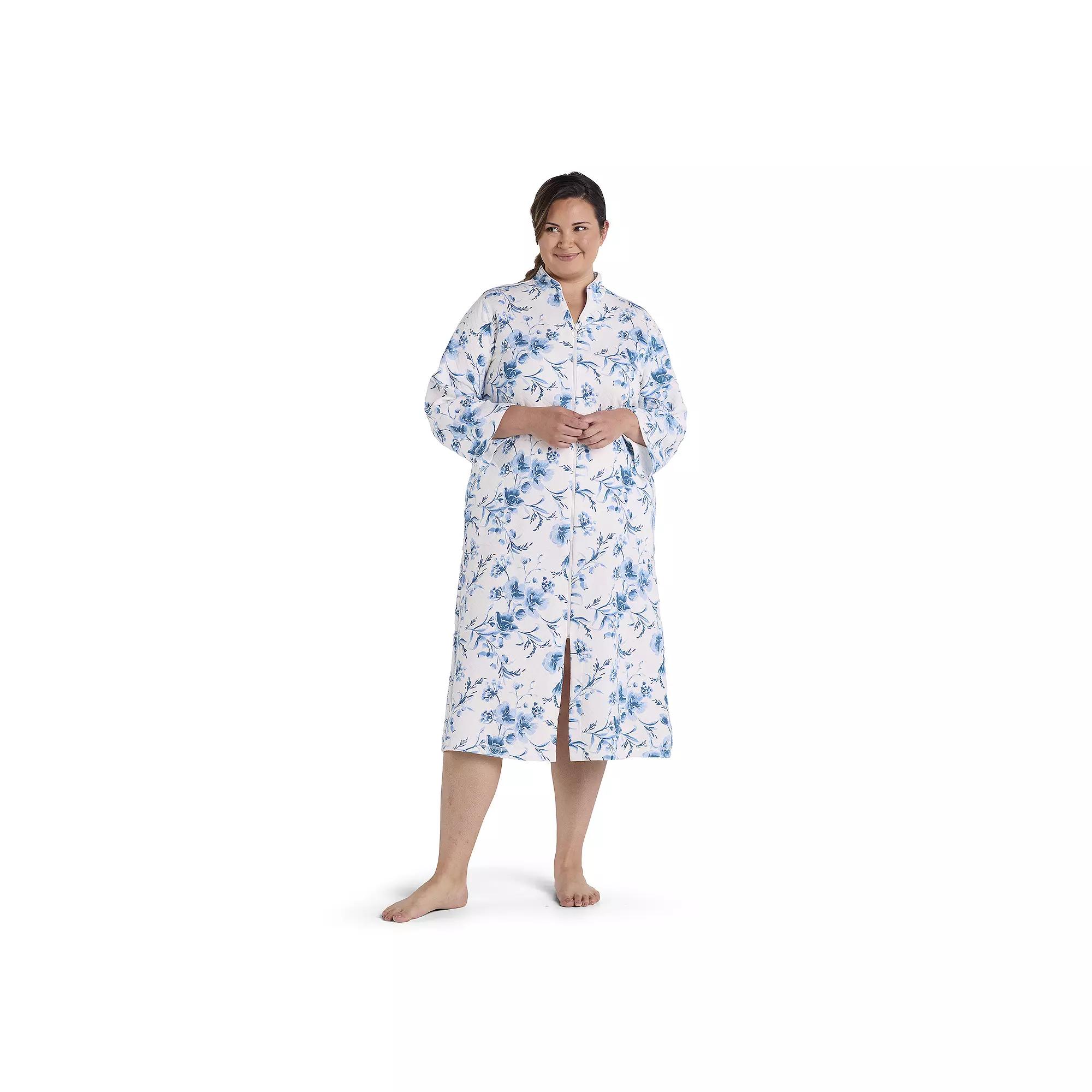 Plus Size Miss Elaine Essentials Quilt-In-Knit Collared Long Robe, Women's, Size: 1XL, Blue Floral Product Image