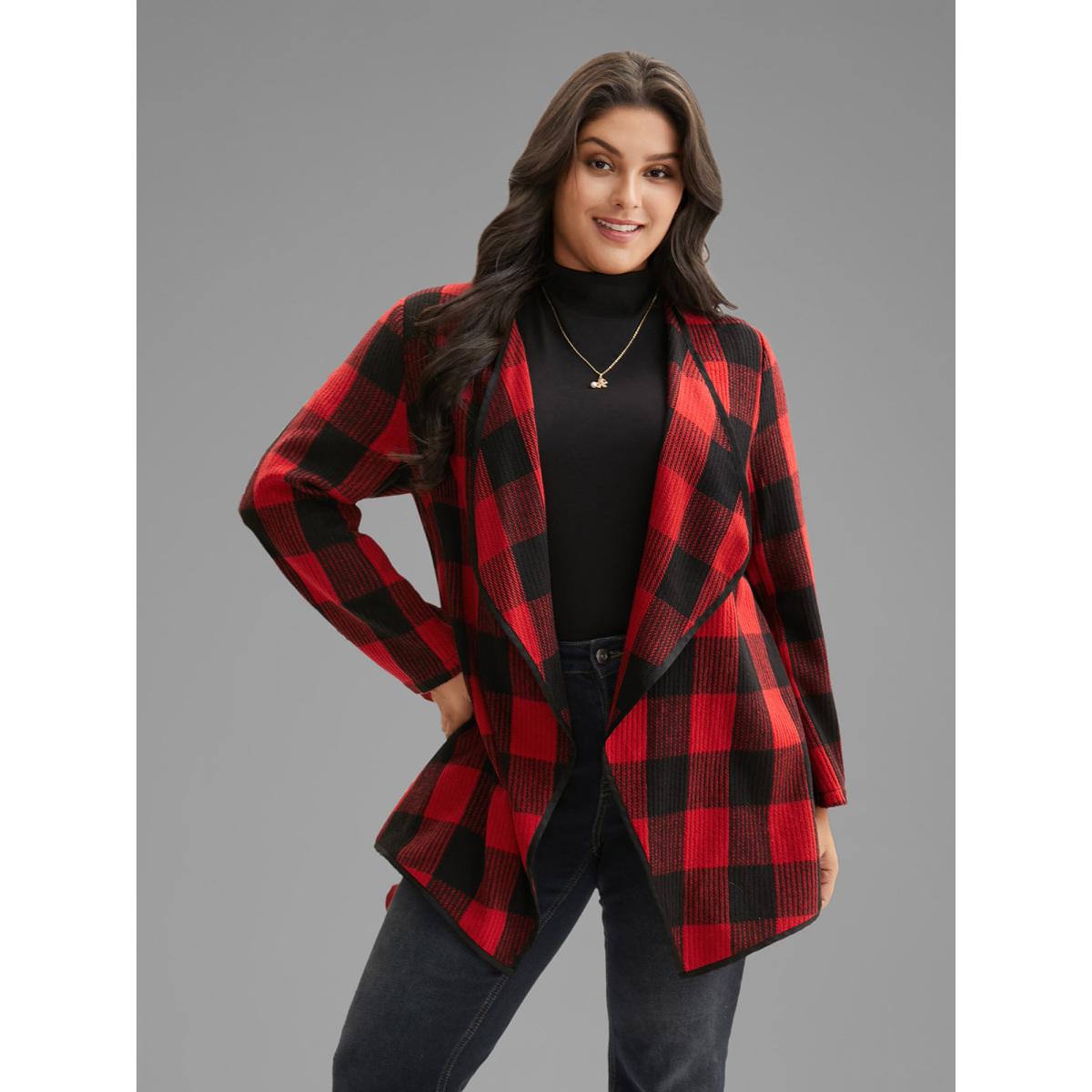 Plus Size Festive Plaid Curved Hem Cardigan Women Brightred Contrast Loose Side seam pocket Everyday Jackets BloomChic 14-16/1X Product Image