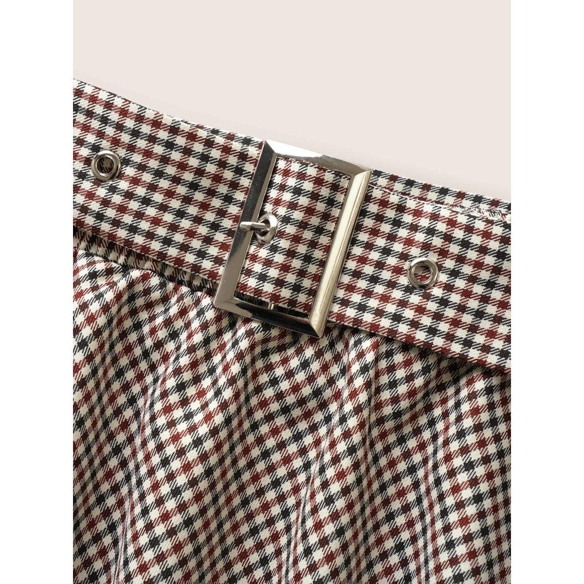 Plus Size Gingham Buckle Detail Pocket Belted Skirt Women LightBrown At the Office Non No stretch Slanted pocket Belt Work Skirts BloomChic 10/M Product Image
