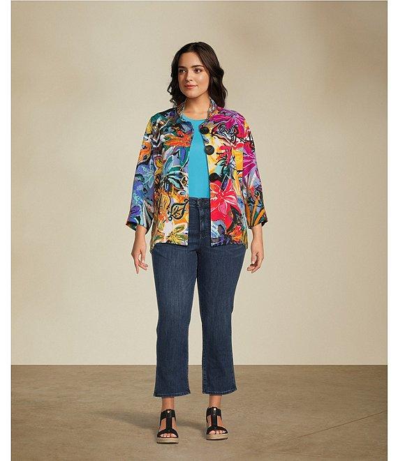 Ali Miles Plus Size Woven Abstract Print Wire Collar 3/4 Sleeve Button-Front Jacket Product Image