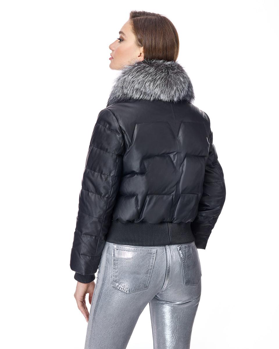 Leather Bomber Jacket With Silver Fox Collar Product Image