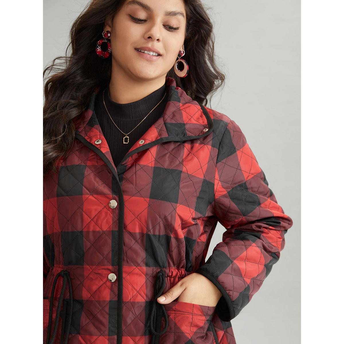 Plus Size Plaid Contrast Trim Drawstring Button Through Coat Women Red Casual Lined Ladies Dailywear Winter Coats BloomChic 10/M Product Image