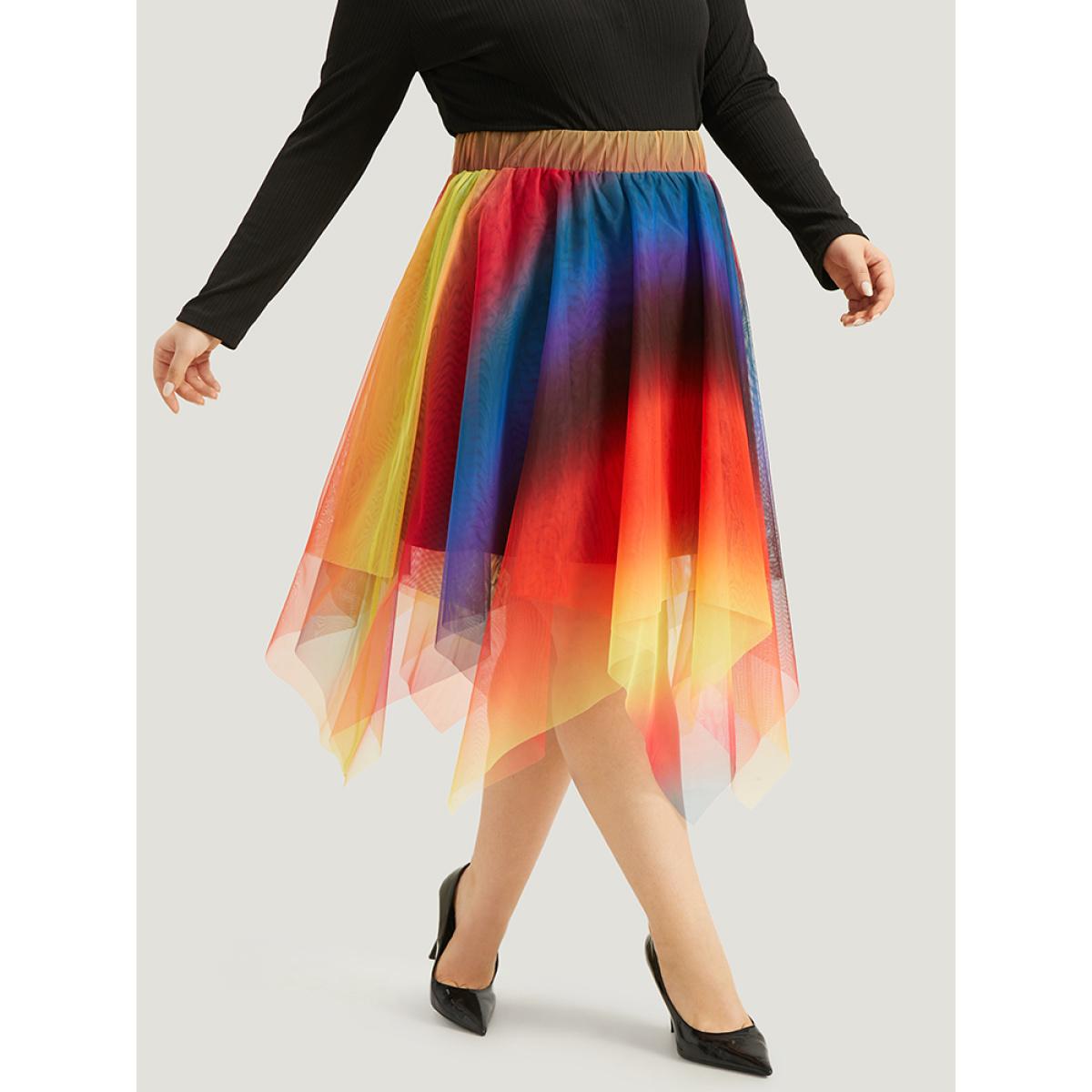 Plus Size Halloween Ombre Tiered Elastic Waist Hanky Hem Skirt Women Multicolor Glamour Contrast No stretch Festival-Halloween Skirts BloomChic 28/5X Product Image