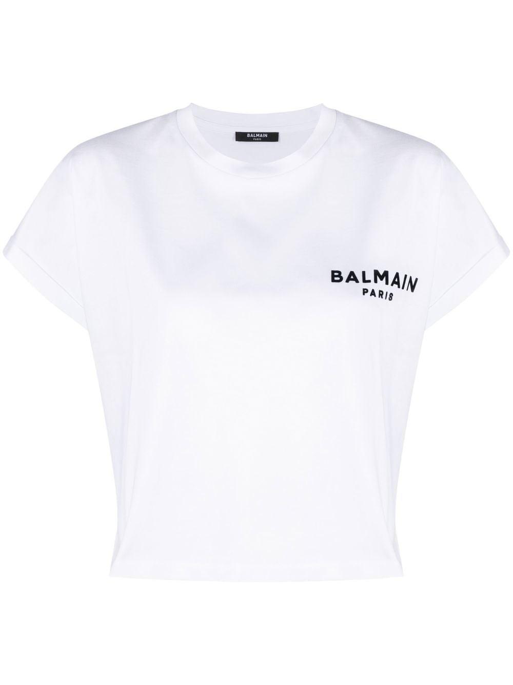 BALMAIN Cropped Flocked Cotton-jersey T-shirt In White Silver Product Image