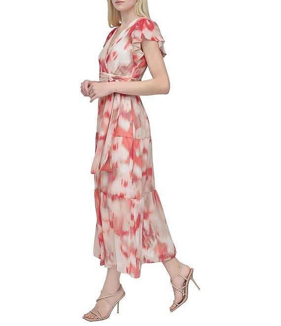 DKNY Donna Karan Petite Size V Neck Flutter Sleeve Tiered A Line Dress Product Image