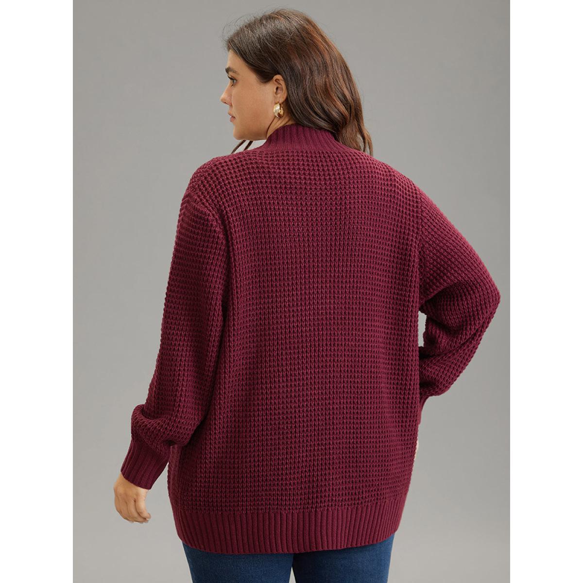 Plus Size Plisse Patched Pocket Curved Hem Open Front Cardigan Burgundy Women Casual Loose Long Sleeve Everyday Cardigans BloomChic 30/6X Product Image