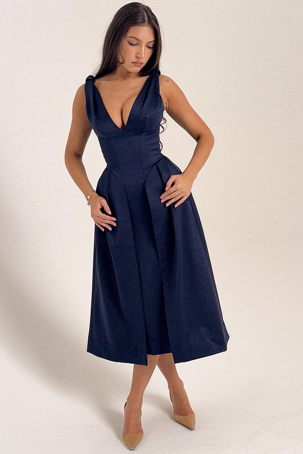 Paloma  midnight twist strap satin midi dress - sale Product Image