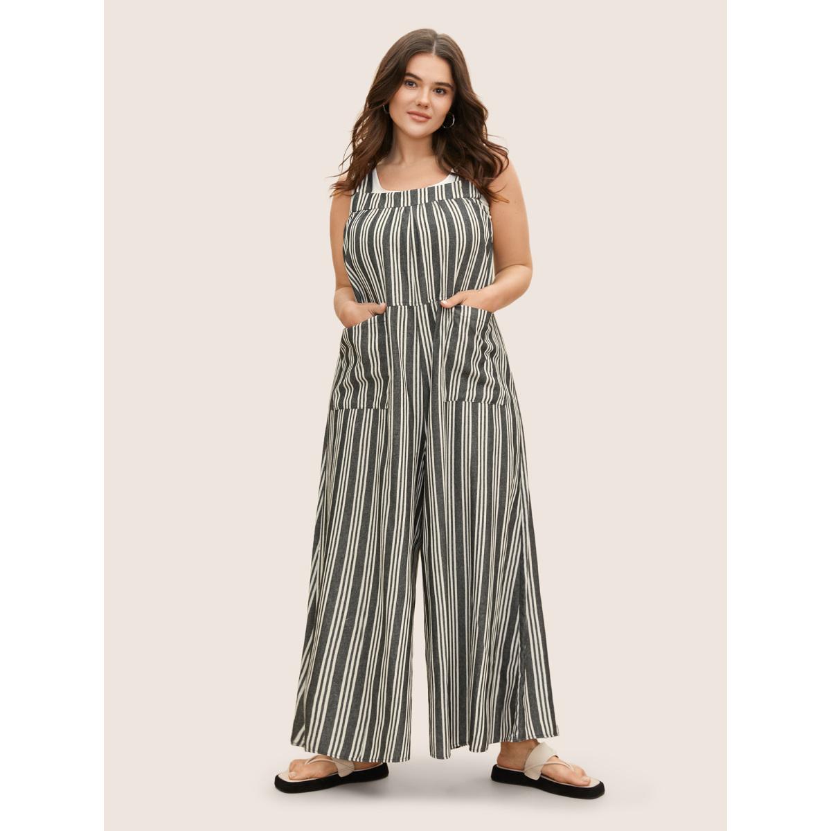 Plus Size Black Cotton Striped Patched Pocket Loose Jumpsuit Women Casual Sleeveless Non Everyday Loose Jumpsuits BloomChic 12/L Product Image