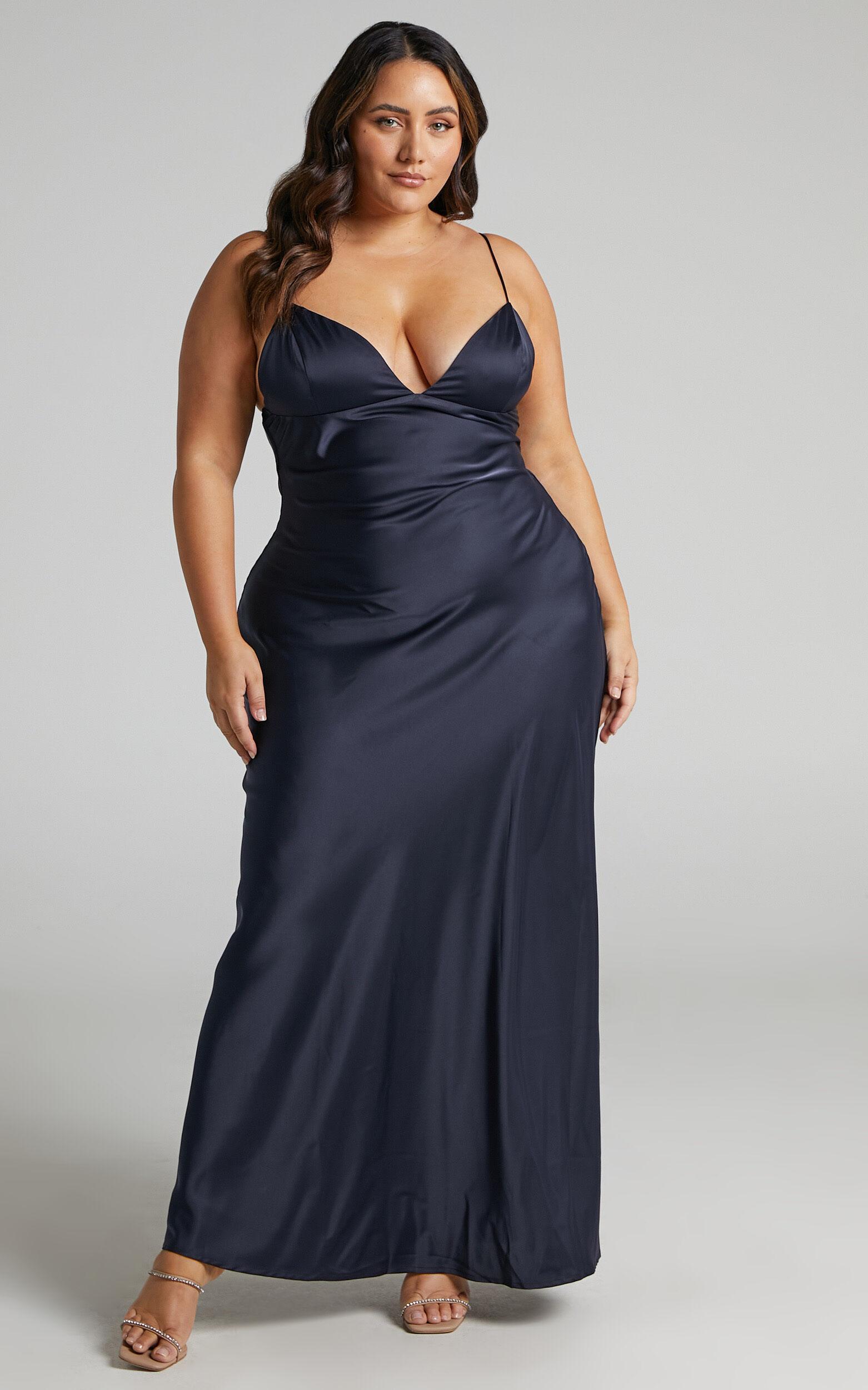 Cariela Midi Dress - Plunge Neck Satin Dress in Navy Product Image