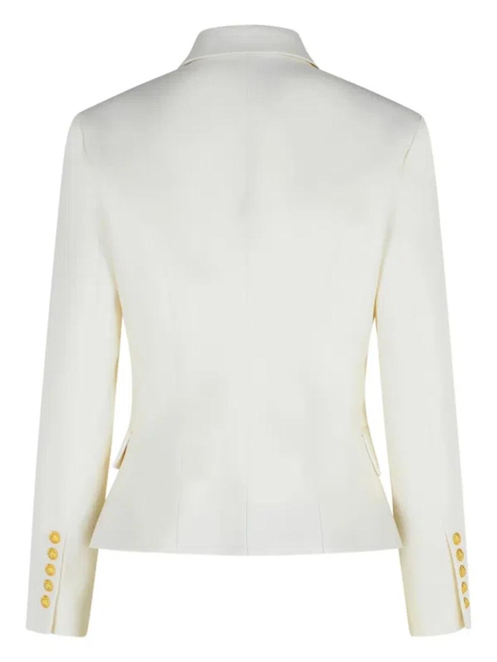 BALMAIN Double-breasted Structured Denim Blazer With Peak Lapel In White Product Image