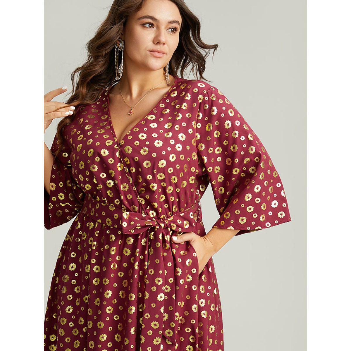 Plus Size Colorblock Glitter Bowknot Belted Pocket Dress Scarlet Women Party Wrap Overlap Collar Elbow-length sleeve Curvy Midi Dress BloomChic 12/L Product Image