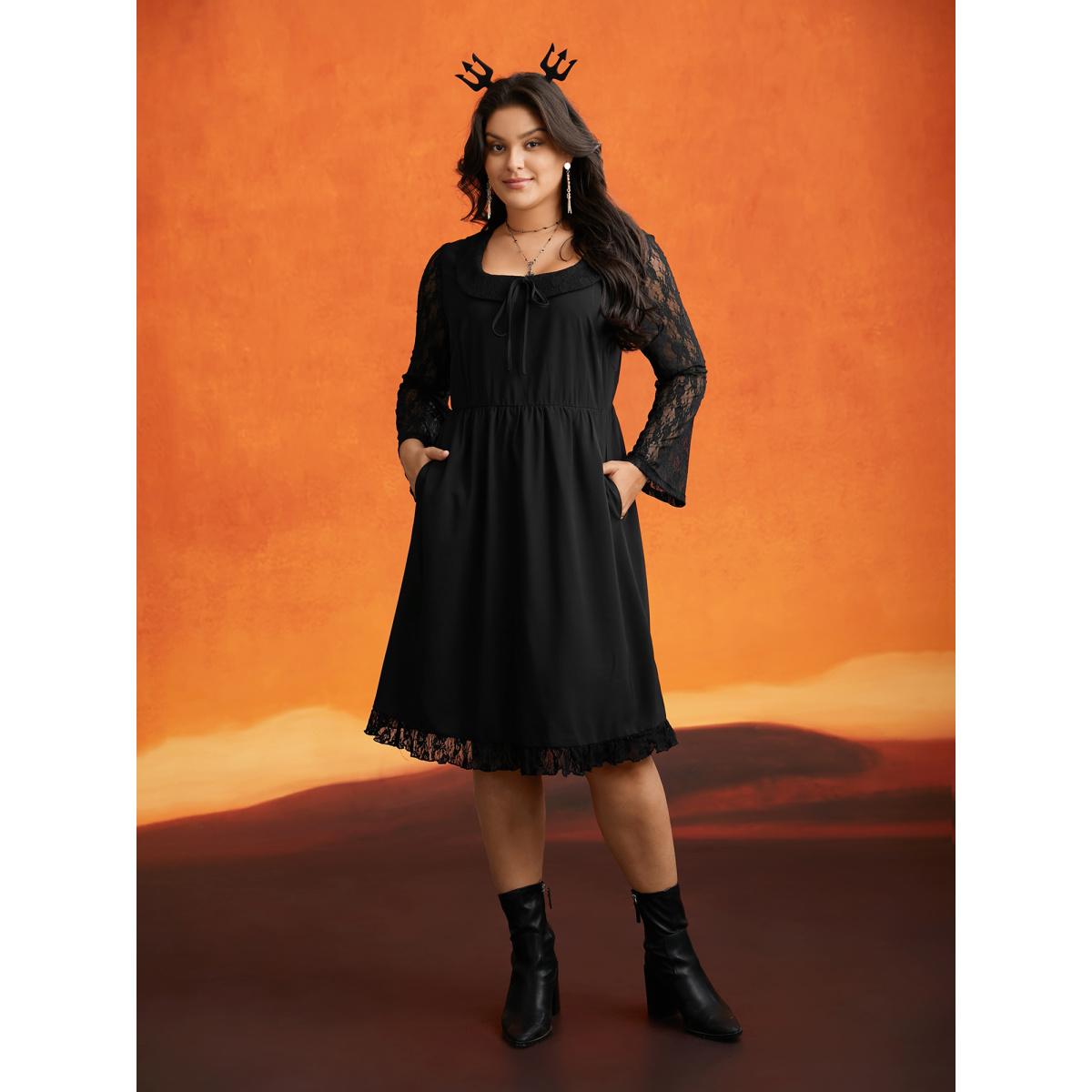 Plus Size Spellbound Lace Sleeves Square Neckline Midi Dress Black Women Cocktail Woven ribbon&lace trim Party Curvy Bloomchic 10/M Product Image