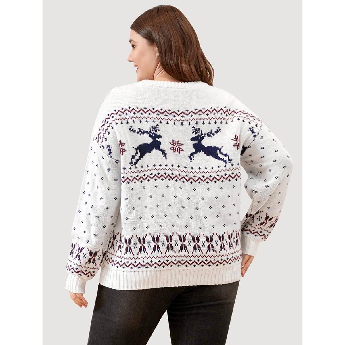 Plus Size Elk & Snowflake Pointelle Knit Round Neck Knit Top Multicolor Women Casual Loose Long Sleeve Dailywear Pullovers BloomChic 28/5X Product Image