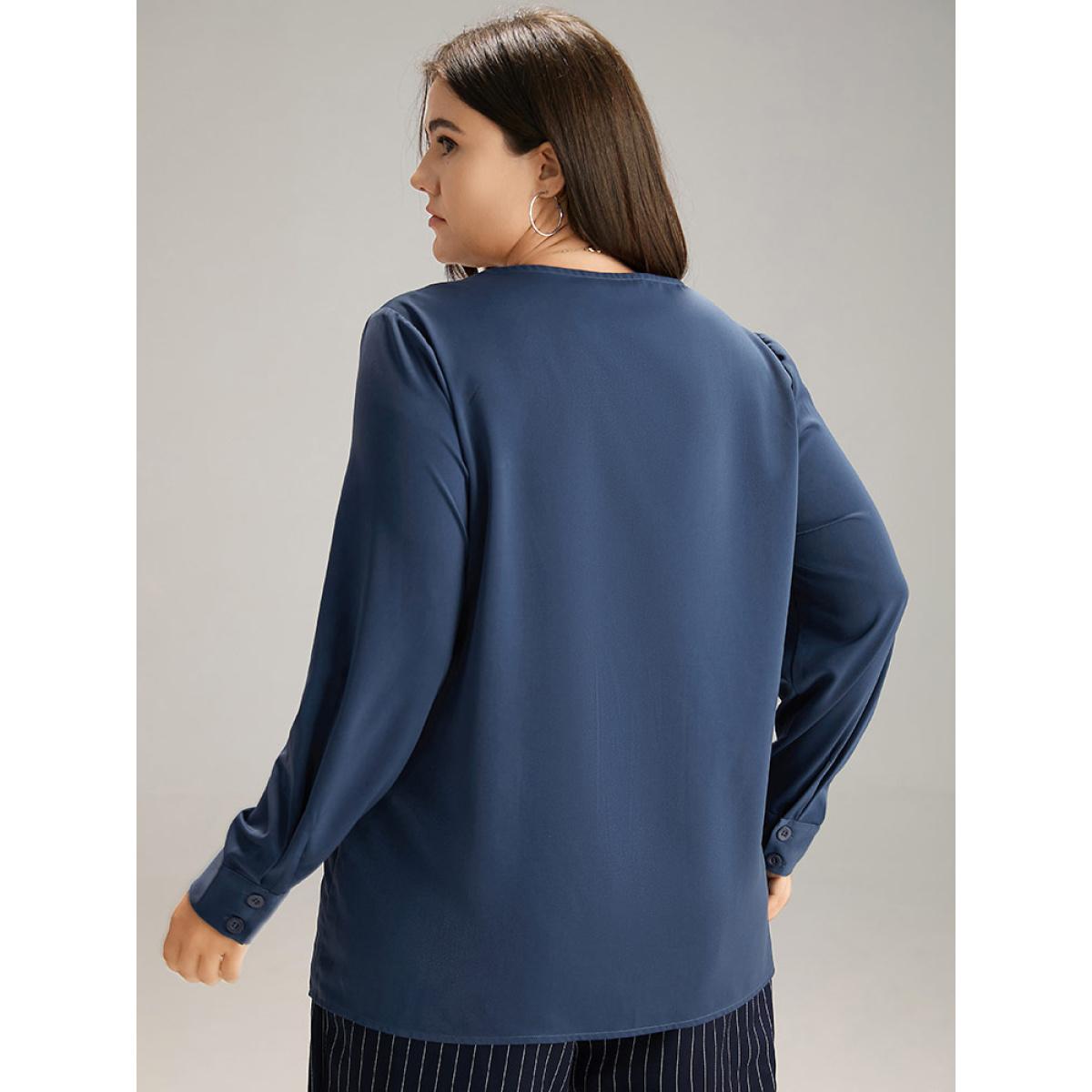 Plus Size Indigo Solid V Neck Button Up Pleated Blouse Women Office Long Sleeve V-neck Office Blouses BloomChic 14-16/1X Product Image