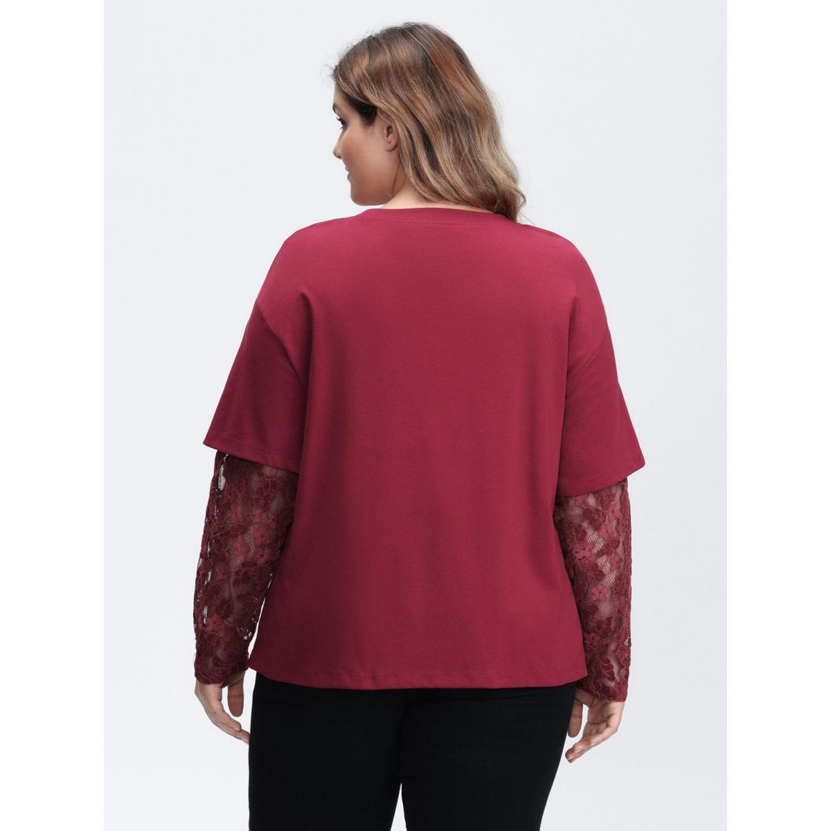 Plus Size 2-In-1 Layered Sheer Lace Sleeve T-Shirt Scarlet Women Leisure Round Neck Casual T-shirts BloomChic 30/6X Product Image