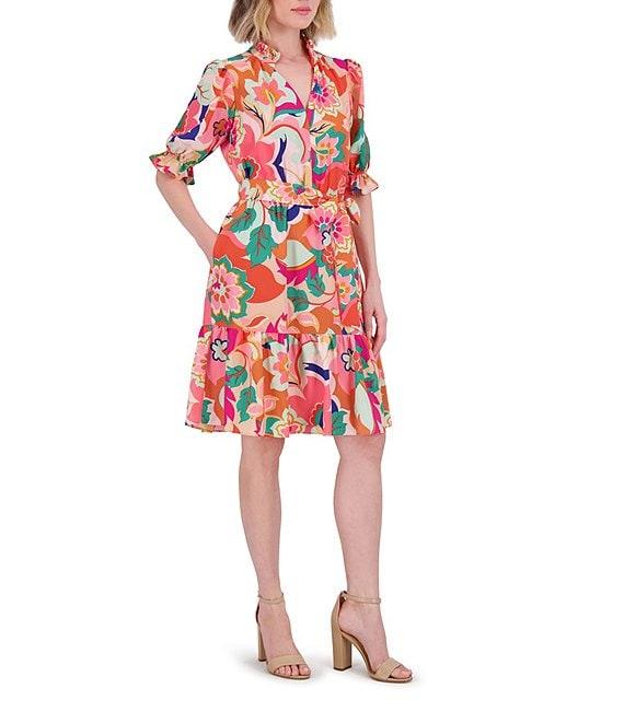 Eliza J Floral Print V Neck Short Puff Sleeve Waist Tie Belt A-Line Dress Product Image