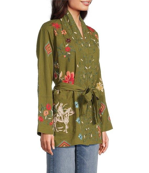 JOHNNY WAS Shawl Collar Long Sleeve Belted Embroidered Jacket Product Image