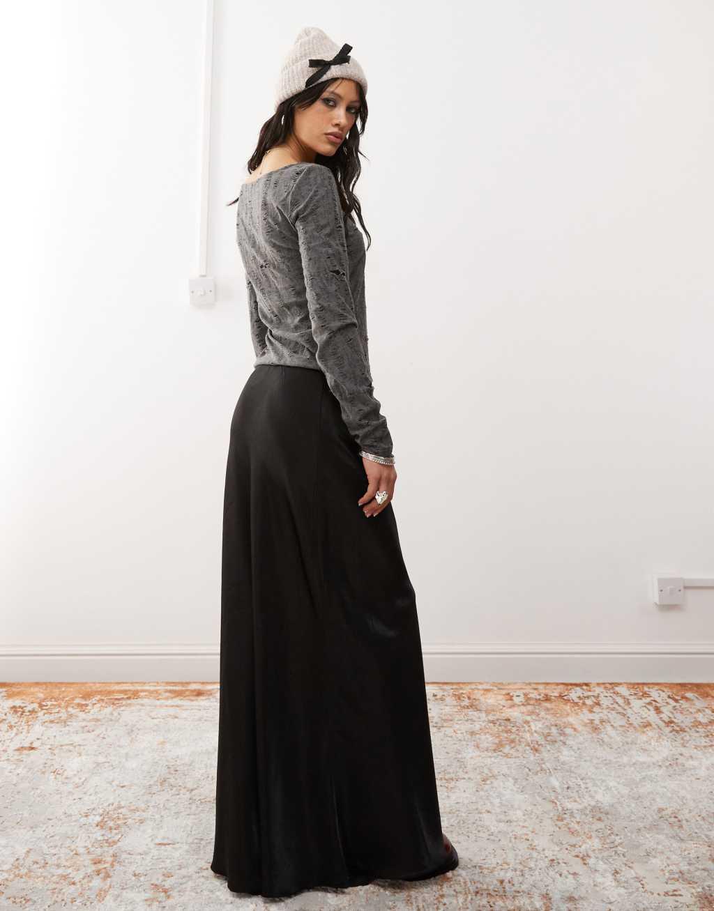 Monki satin bias cut maxi skirt in black Product Image