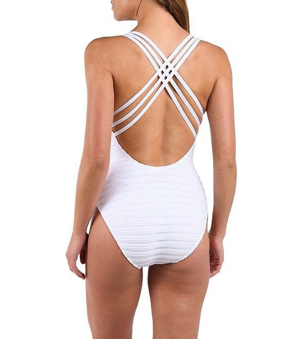 La Blanca Fluid Lines Mesh Multi Strap Cross-Back Tank Tummy Control One Piece Swimsuit Product Image