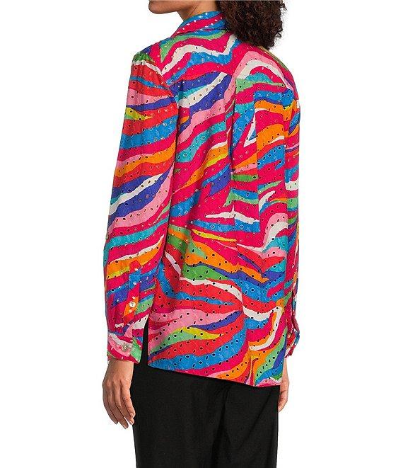 John Mark Petite Size Allover Eyelet Embroidered Watercolor Print Point Collar Long Roll-Tab Sleeve Button Front Blouse Product Image