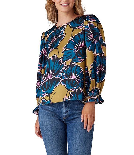 CROSBY by Mollie Burch James Crepe de Chine Floral Jewel Neck Long Balloon Sleeve Ruffle Cuff Back Keyhole Blouse Product Image