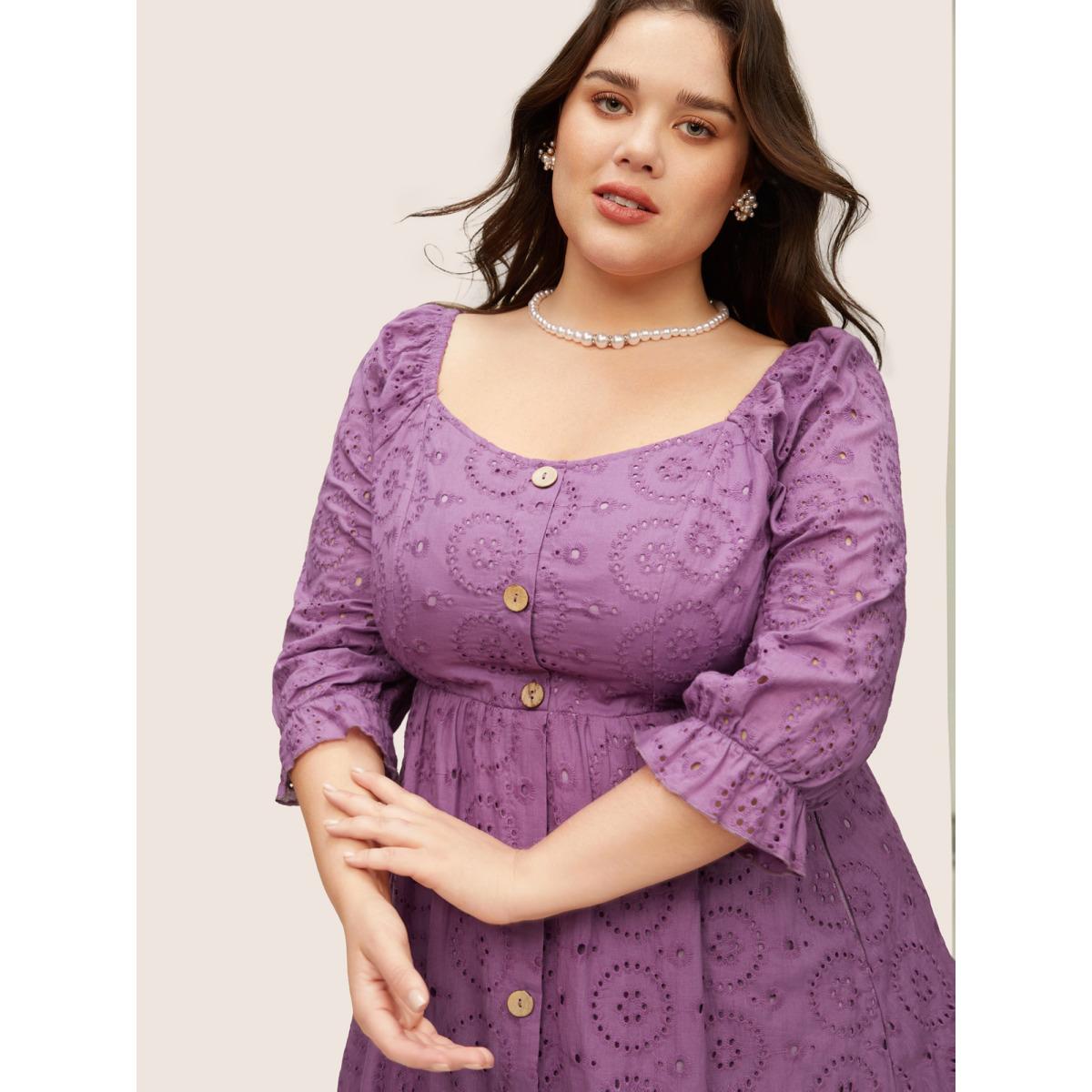 Plus Size Broderie Anglaise Gathered Square Neck Button Detail Dress Mauve Women Elegant Non Square Neck Elbow-length sleeve Curvy Midi Dress BloomChic 30/6X Product Image