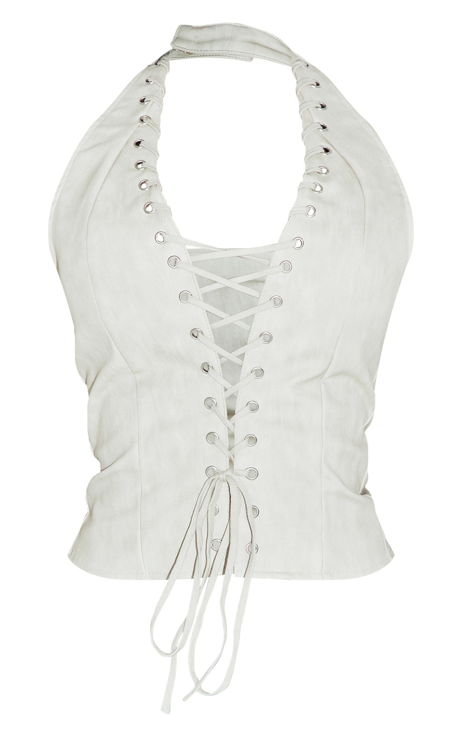 Shape Cream Washed Faux Leather Halter Neck Lace Up Corset Product Image