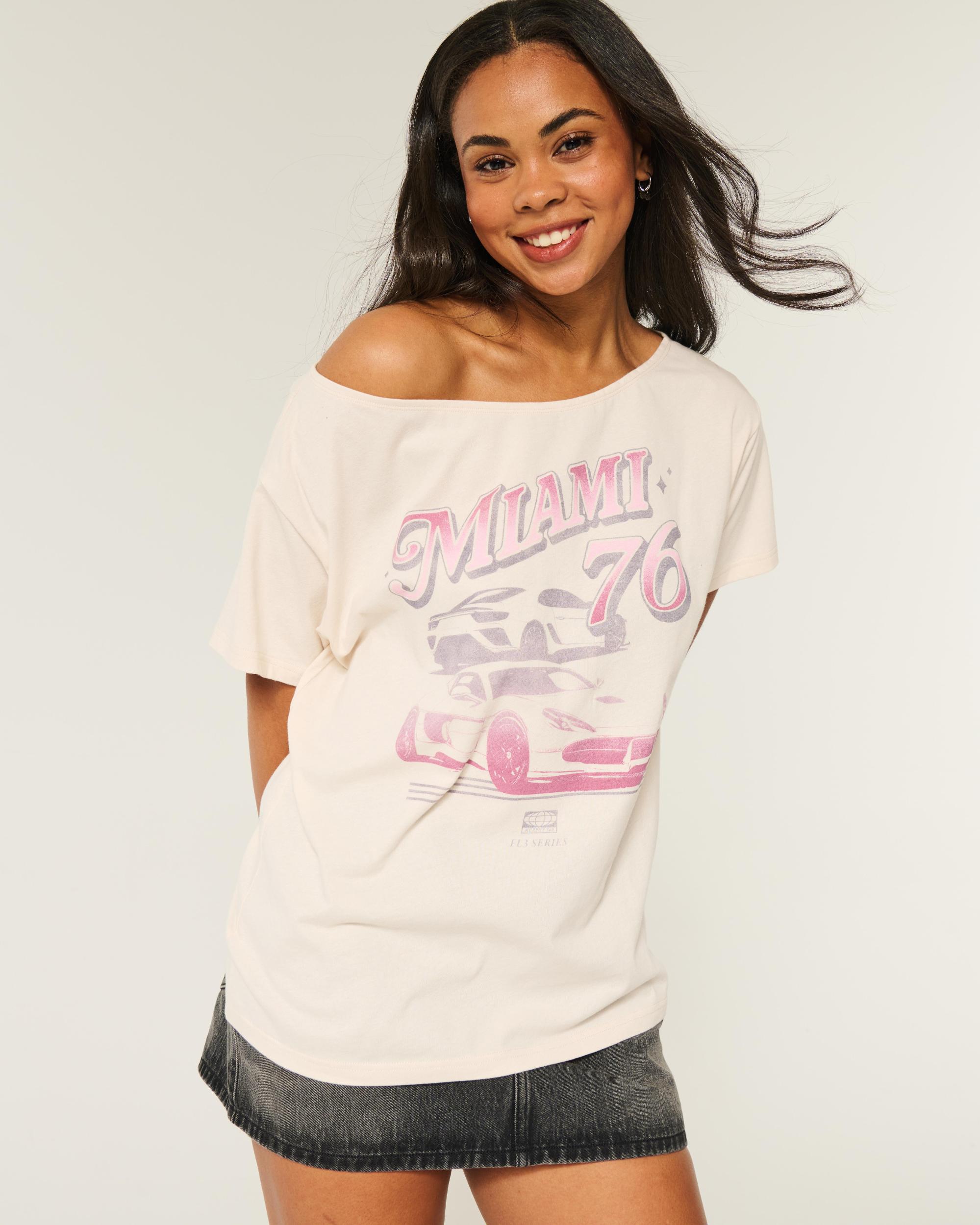 Oversized Off-the-Shoulder New York Raceway Graphic Tee Product Image