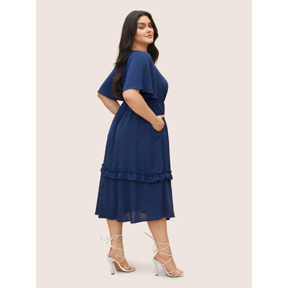 Polka Dot Shirred Plus Size Women Elegance Dress Plain Pocket Ruffle Sleeve Short Sleeve V Neck Pocket Dailywear Midi Dress BloomChic Product Image