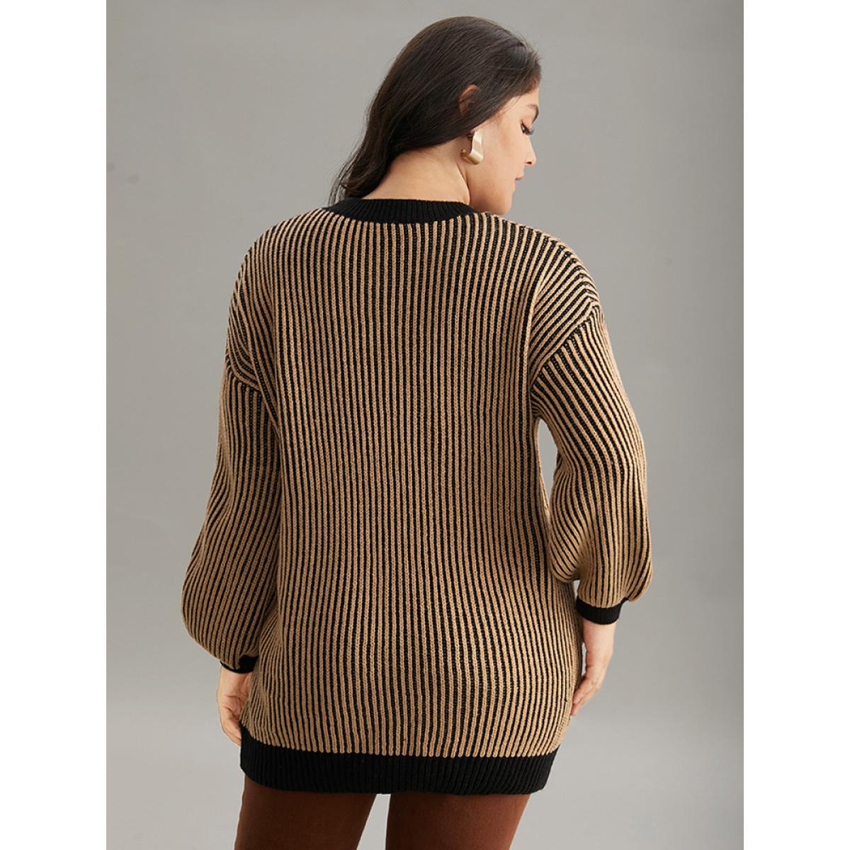 Plus Size Striped Contrast Round Neck Pullover Tan Women Casual Loose Long Sleeve Round Neck Dailywear Pullovers BloomChic 14-16/1X Product Image