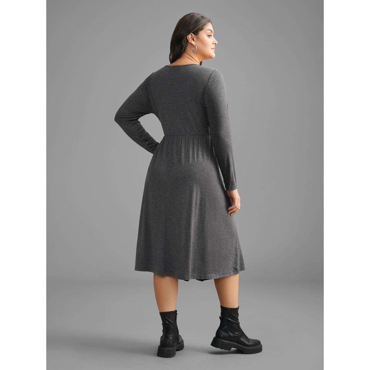Plus Size Solid Button Detail Wrap Hem Knit Dress DarkGray Women Casual Overlapping Knit Dresses Bloomchic 14-16/1X Product Image