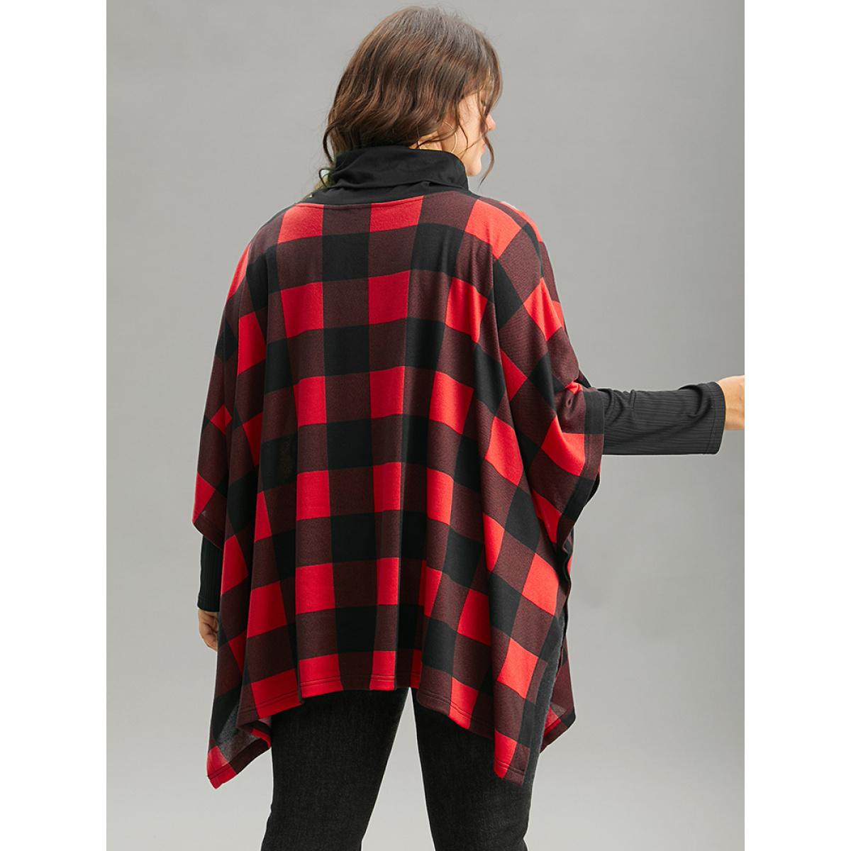 Plus Size Plaid Cowl Neck Dolman Sleeve Asymmetrical Hem Sweatshirt Women Red Casual Contrast Cowl Neck Festival-Christmas Sweatshirts BloomChic 12/L Product Image