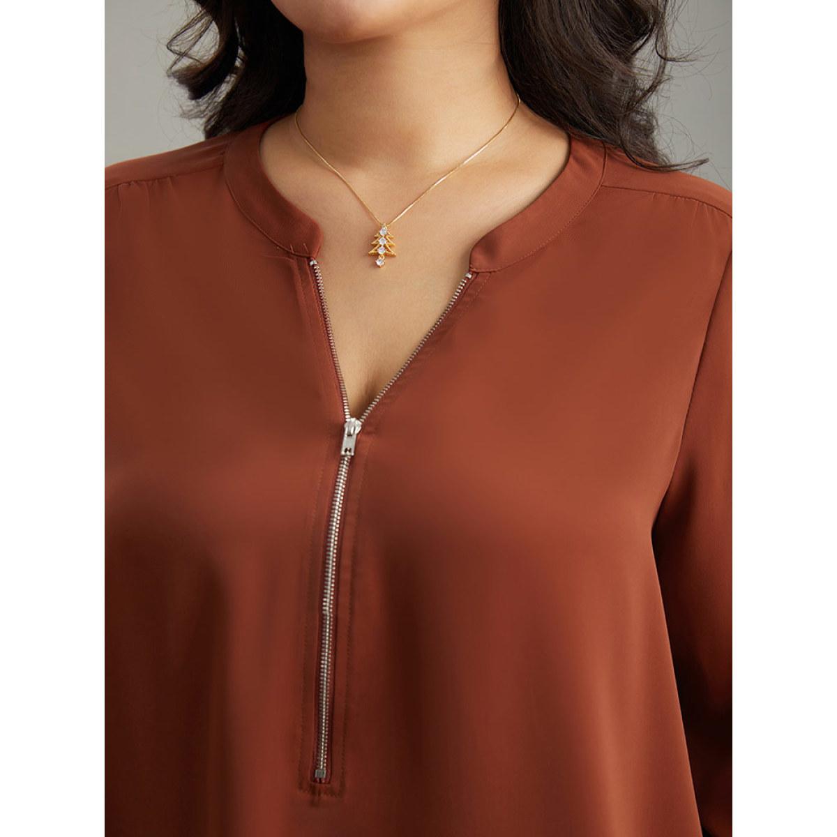 Plus Size Rust Plain Half Zip Gathered Blouse Women Work From Home Elbow-length sleeve V-neck Office Blouses BloomChic 14-16/1X Product Image
