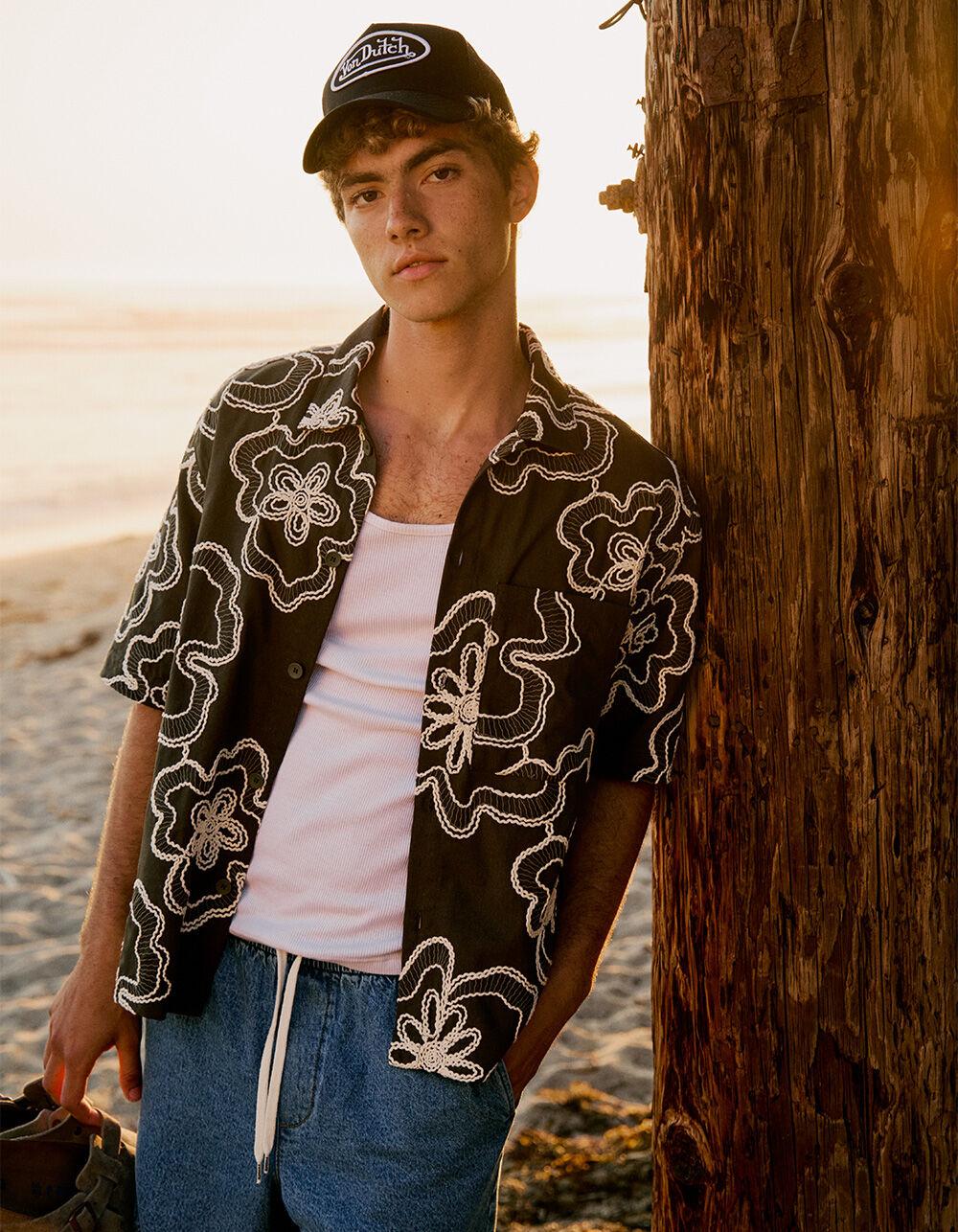 RSQ Mens Textured Floral Button Up Shirt - OLIVE Product Image