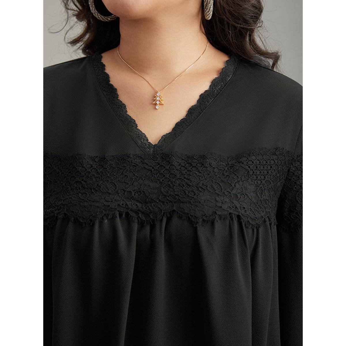 Plus Size Black V Neck Lace Panel Gathered Blouse Women Glamour Long Sleeve V-neck Going out Blouses BloomChic 28/5X Product Image