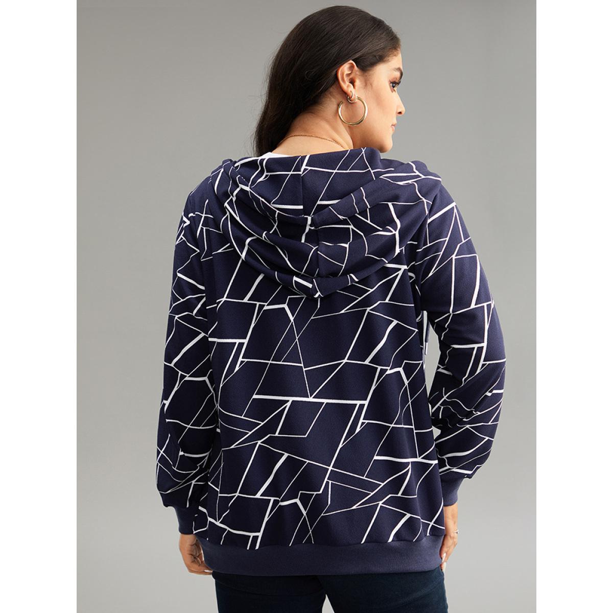 Plus Size Geometric Zipper Hooded Drawstring Sweatshirt Women Midnight Casual Printed Hooded Dailywear Sweatshirts BloomChic 28/5X Product Image
