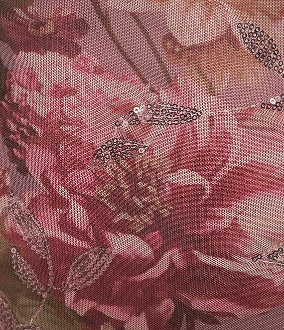 Honey and Rosie Floral Printed Mesh Sequin Lace Trim Cowl Neck Open Drape Back Midi Dress Product Image