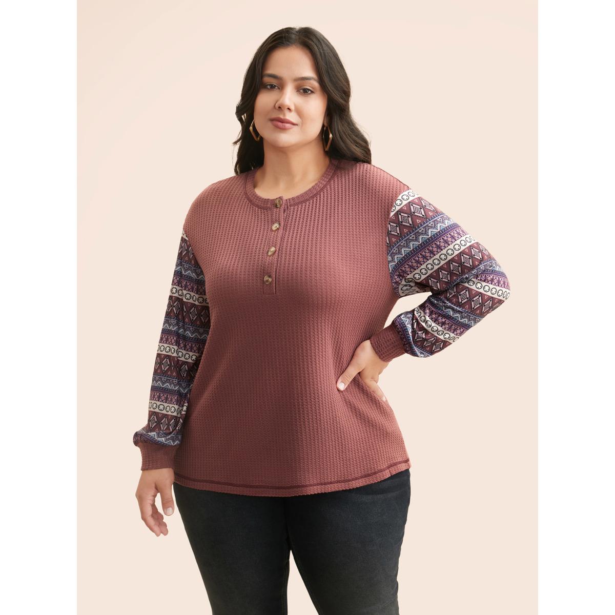 Plus Size Boho Print Patchwork Waffle Knit T-shirt DustyPink Women Casual Texture Round Neck Everyday T-shirts BloomChic 30/6X Product Image