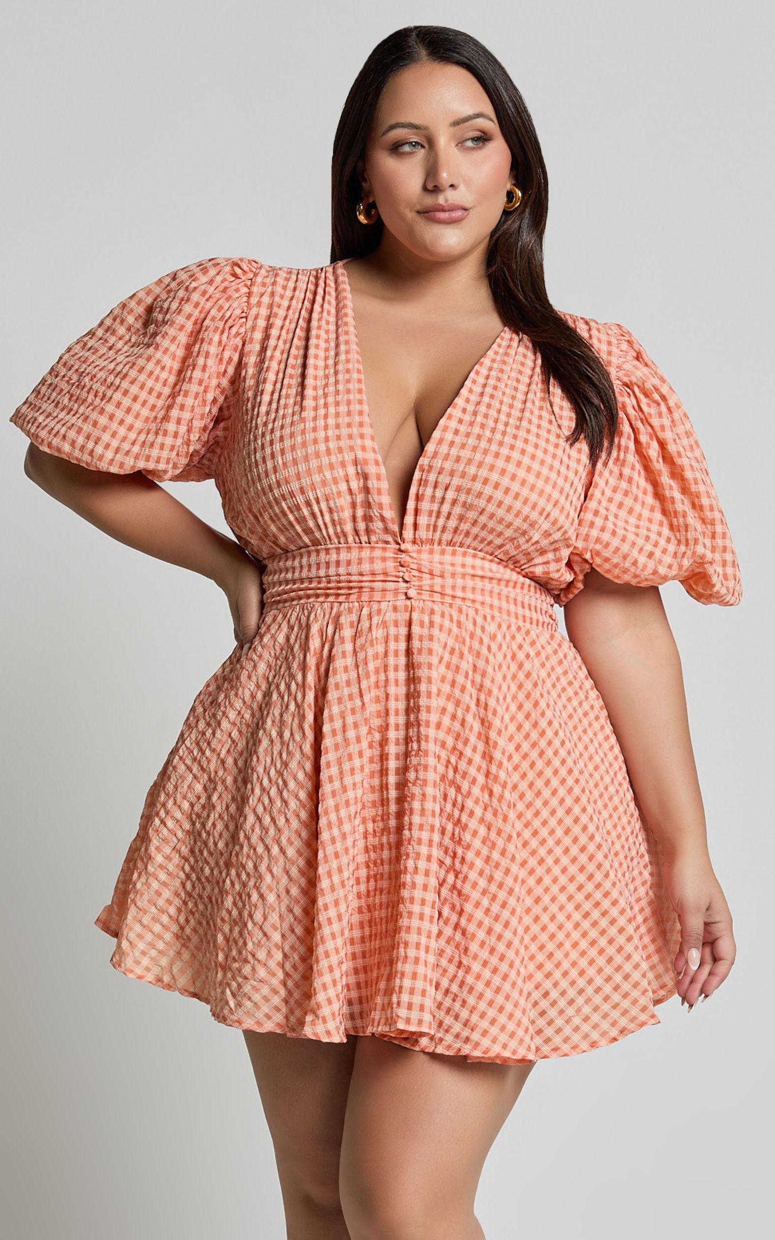 Xandy Mini Dress - Textured Puff Sleeve Plunge Dress in Peach Product Image